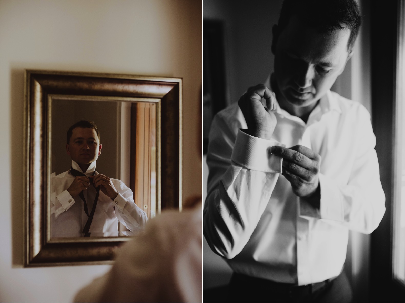 two photos of groom getting ready putting on tie and doing up cuff links