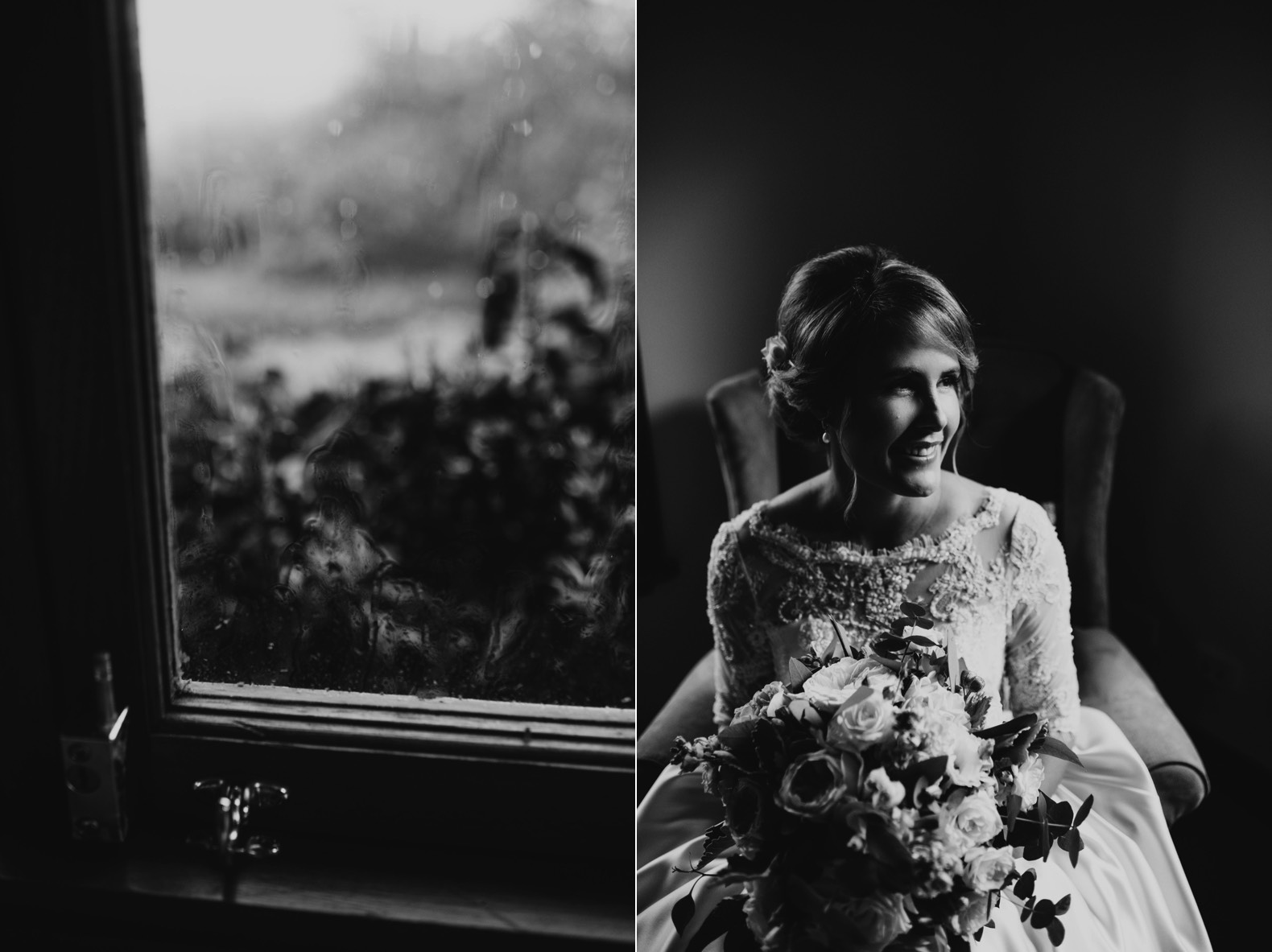 black and white photos of window and rainy weather and bride portrait in nice window light