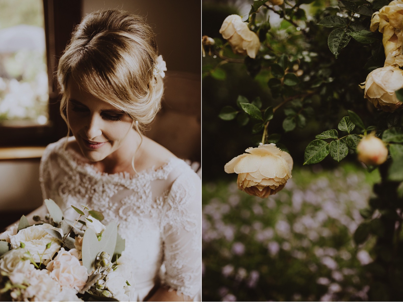 bride portrait in nice window light and yellow roses with rain drops 