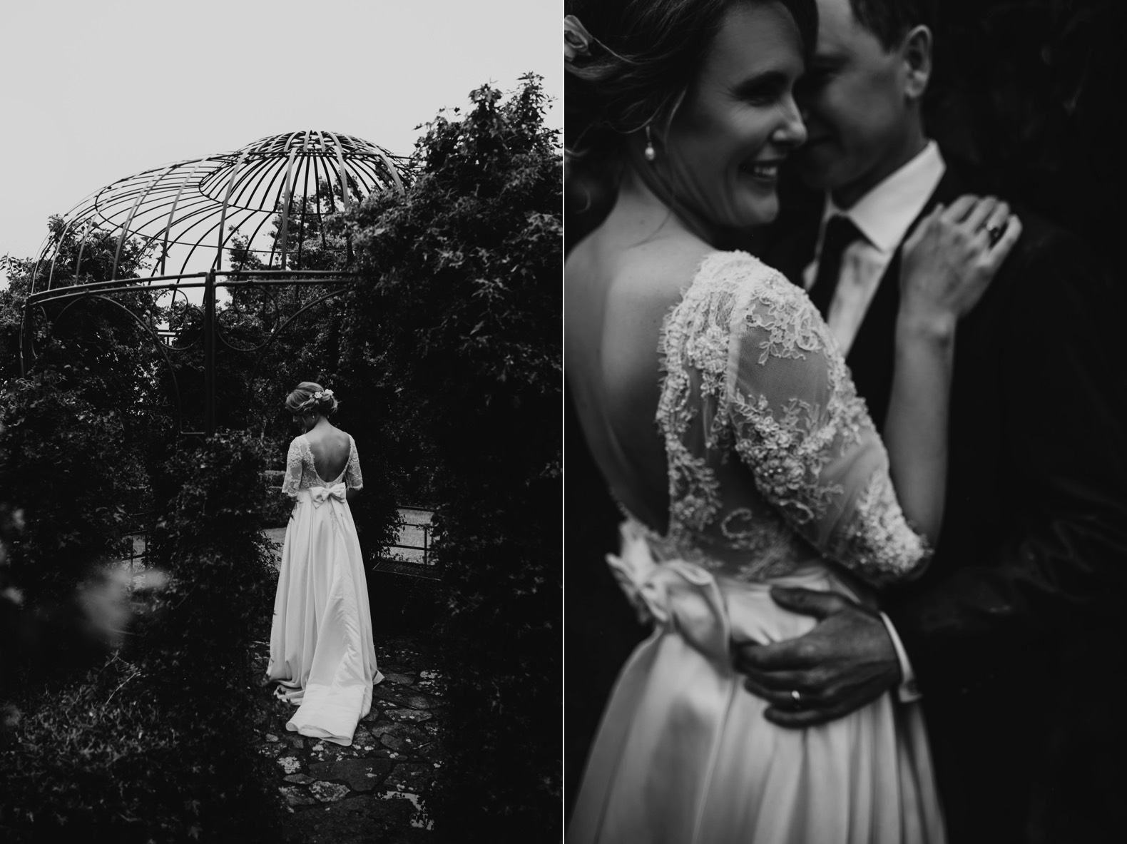 two romantic black and white photos featuring brides dress with bow