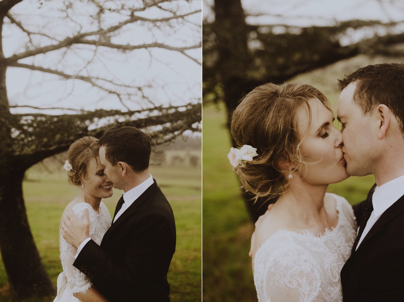 two romantic portraits of bride and groom under a tree in a field